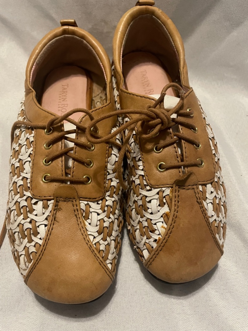 Taryn Rose Tan and White Woven Lace-Up Flats